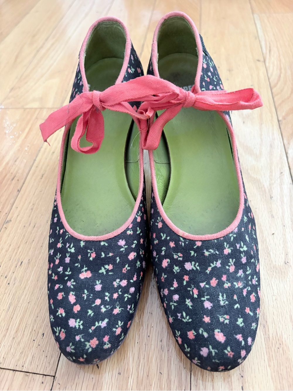 Camper Black Floral Ballet Heels with Pink Trim